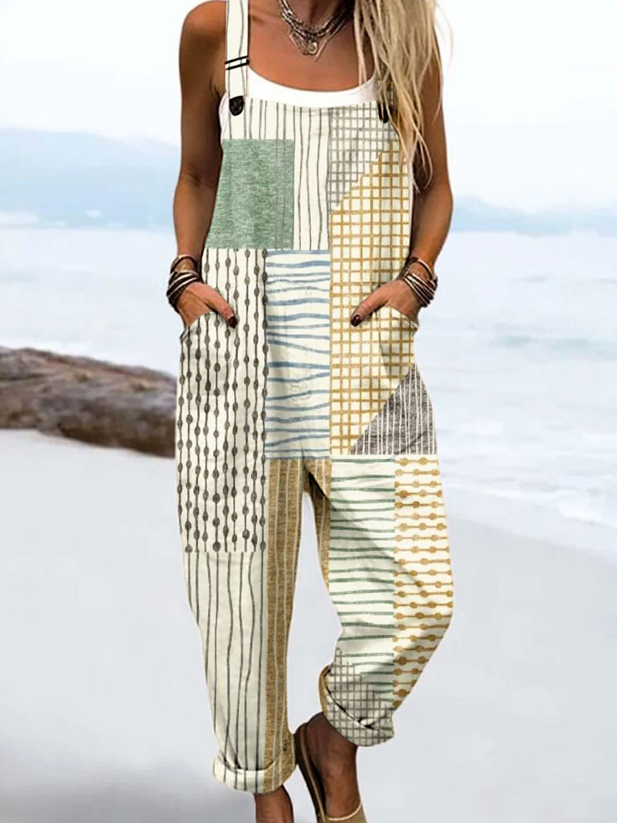 Women's Vintage Abstract Geometric Line Art Print Casual 100% Cotton Wide Leg Jumpsuit