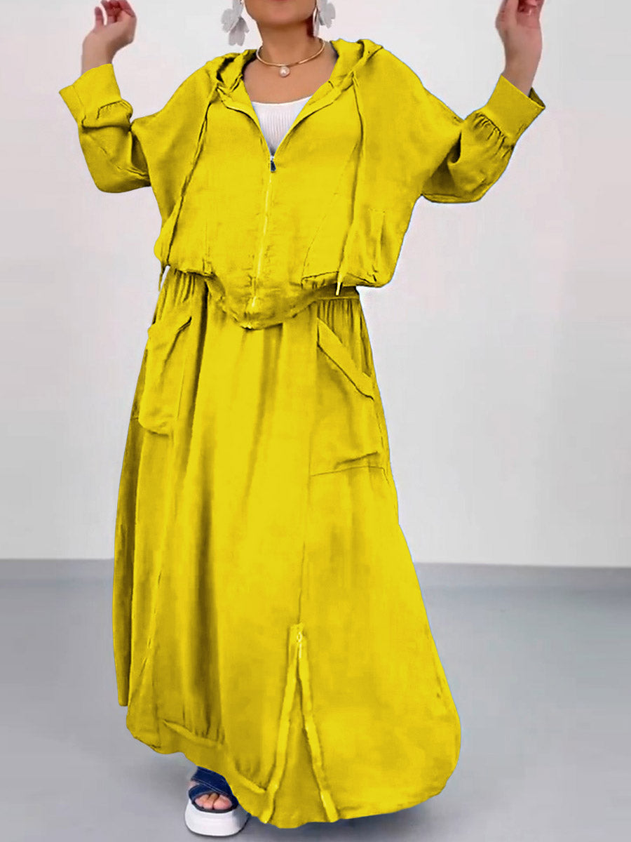 Women's Long Sleeve Solid Loose Hooded Cardigan Top High Waist Casual Pocket Cotton Skirt Set