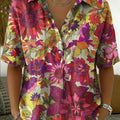 Women's Vintage Botanical Floral Casual Polo Collar Short-sleeved Linen And Cotton Shirt