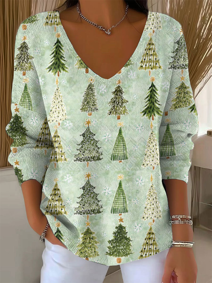 Women's Vintage Christmas Tree Art Print Casual Pullover Sweater