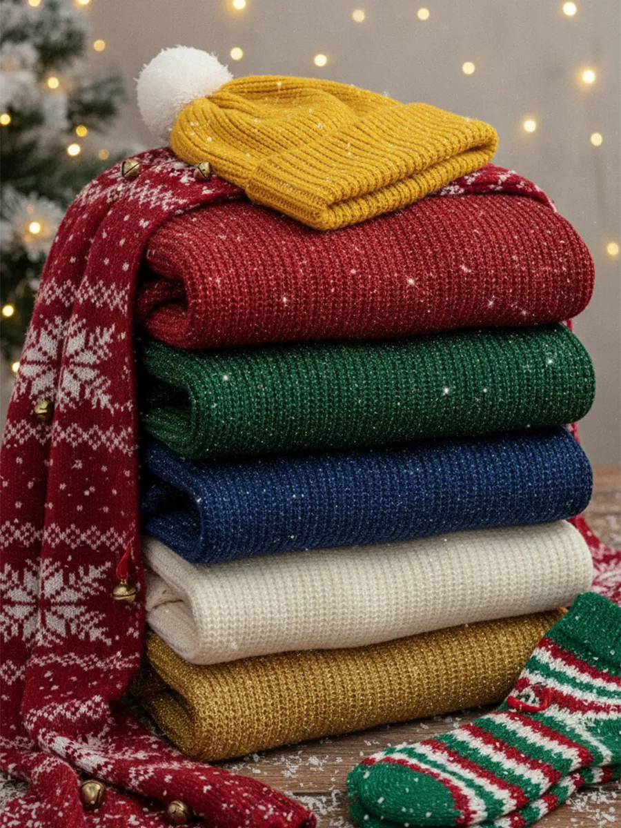 Christmas Sparkling Cozy V-neck Lantern Sleeve Knit Sweater