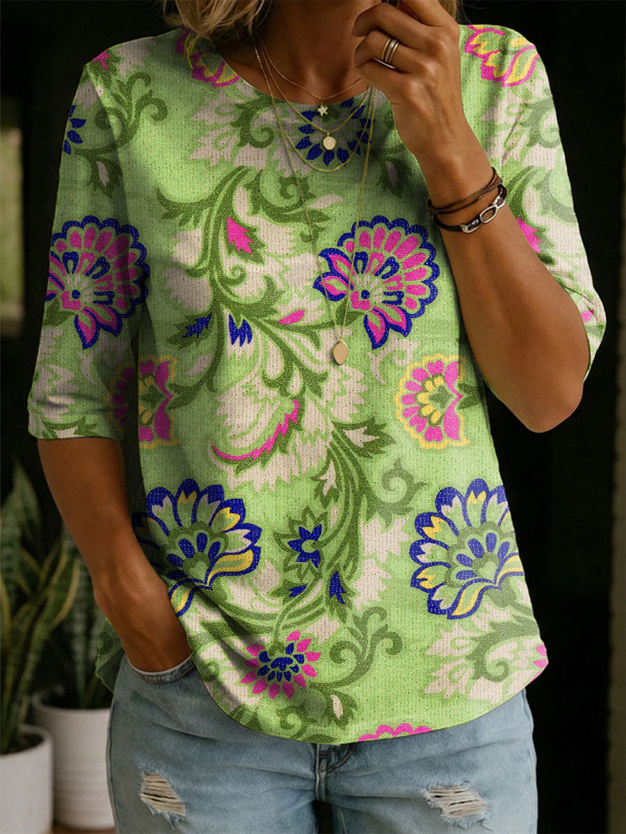 Women‘s Floral Pattern Art Casual Loose Half Sleeve 100% Cotton T-shirt