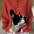 Women's  French Bulldog Wearing Sunglasses On Red Background  Art Print Casual Waffle Henry Collar Sweatshirt
