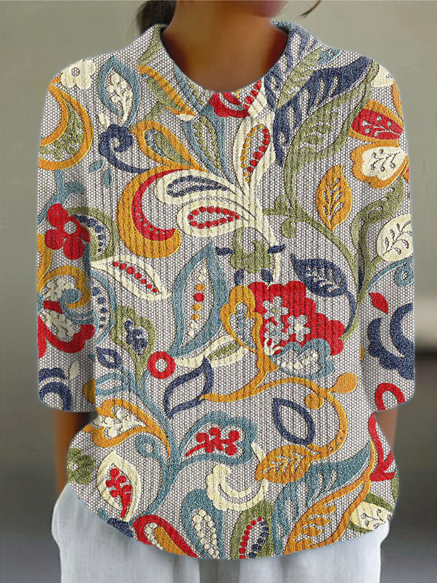 womens-vintage-flower-art-print-casual-peter-pan-collar-3-4-sleeve-sweater-mwpu