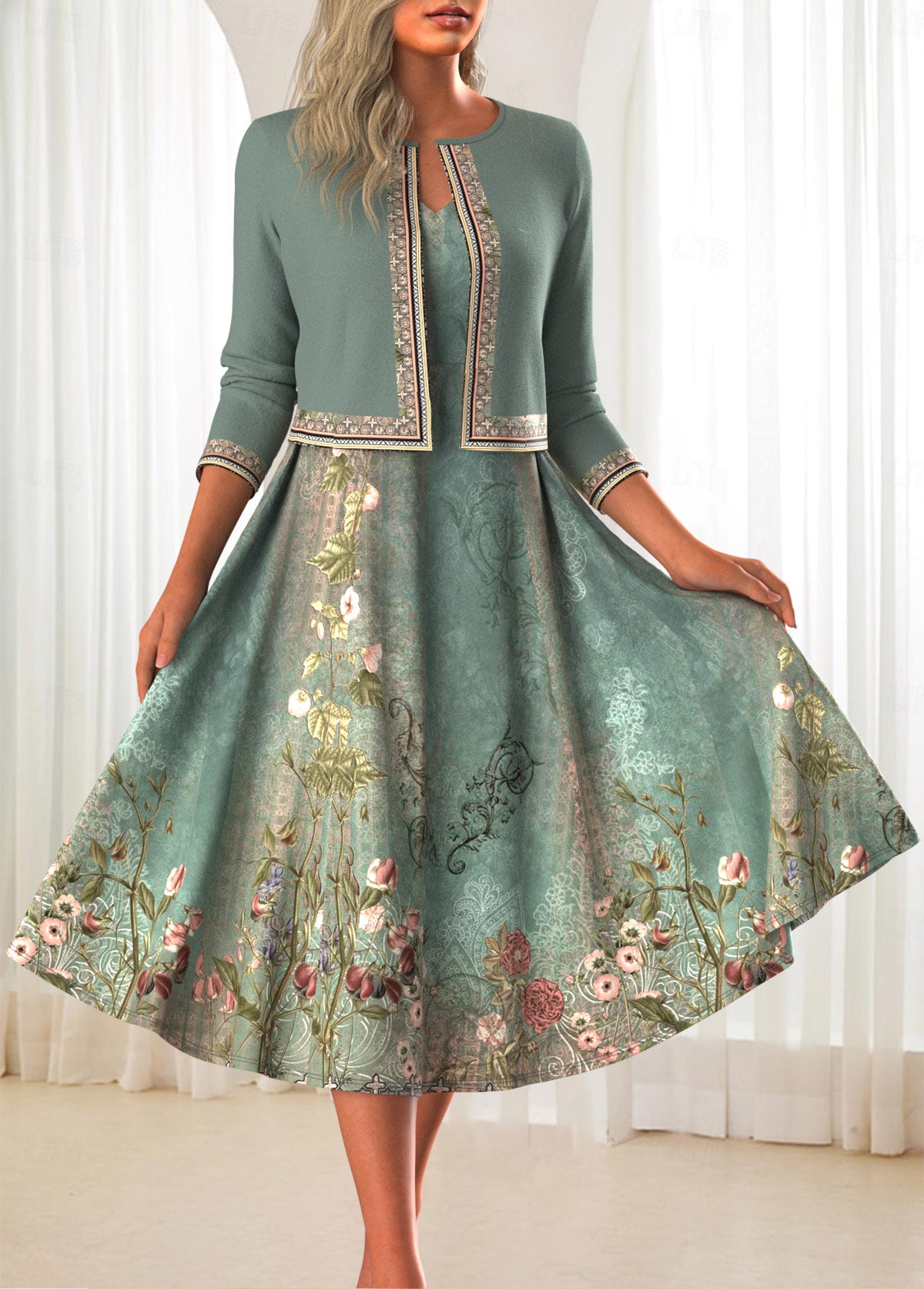 Sage Green Two Piece Floral Print Dress and Cardigan