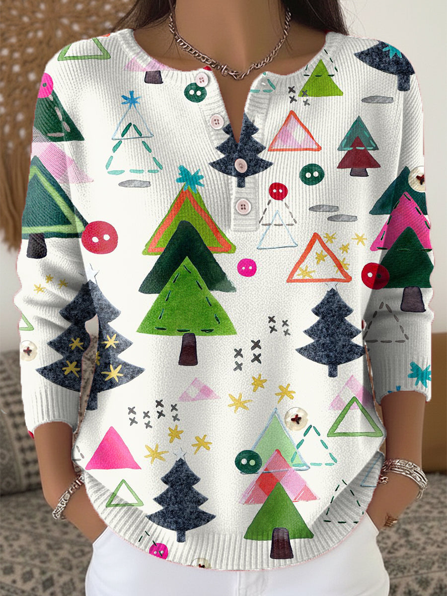 Abstract Beautiful Colorful Christmas Tree Painting Art Print Buttoned Cardigan Sweater