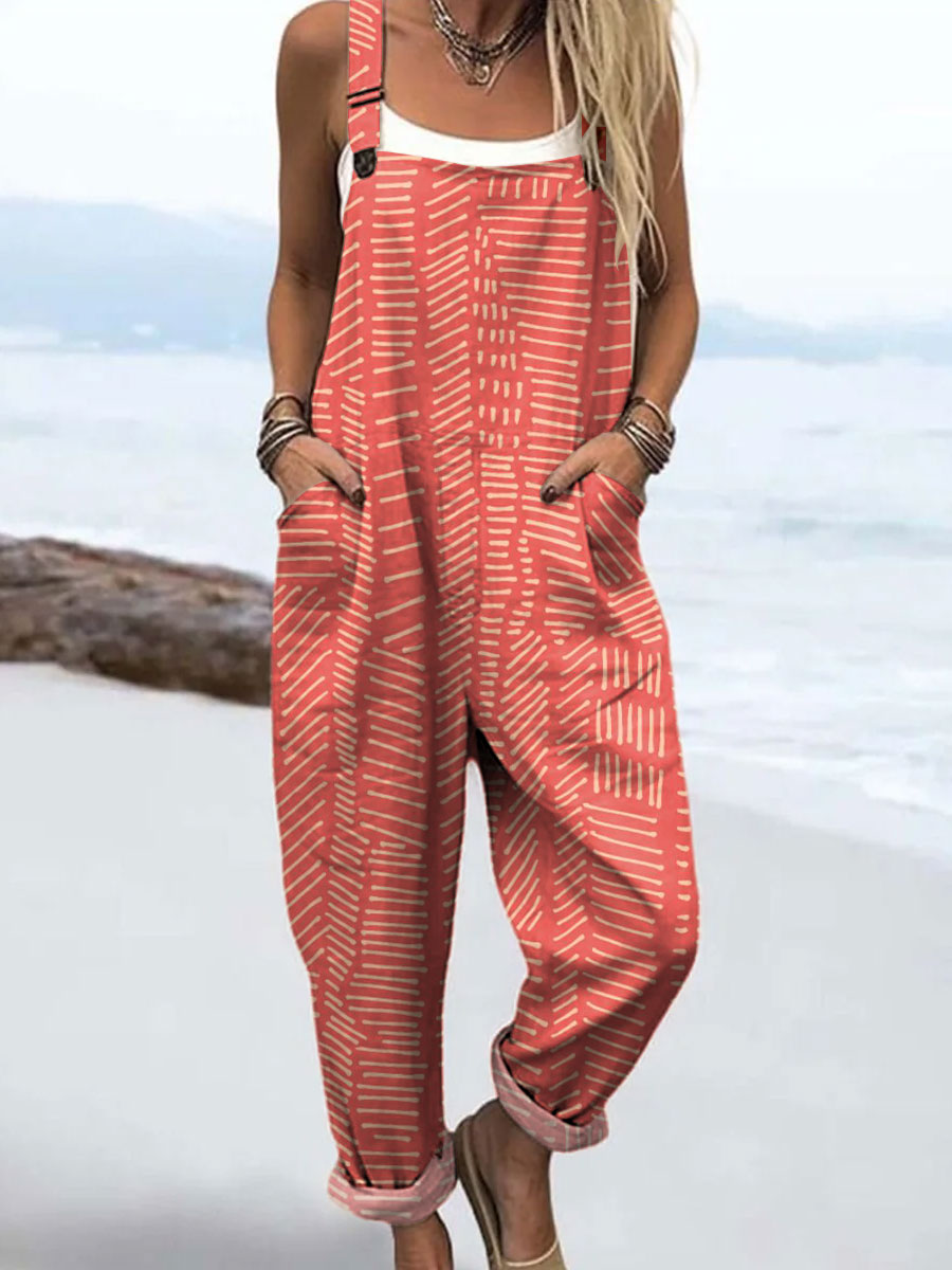 Women's Color Block Line Art Print Casual 100% Cotton Wide Leg Jumpsuit
