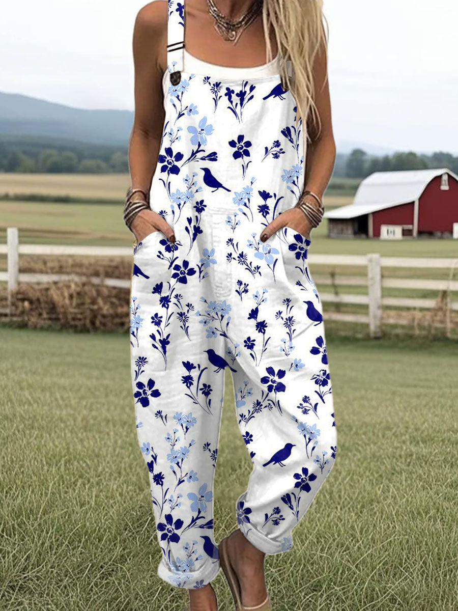 Women's  Funny Flower Chick Art Print Casual 100% Cotton Wide Leg Jumpsuit