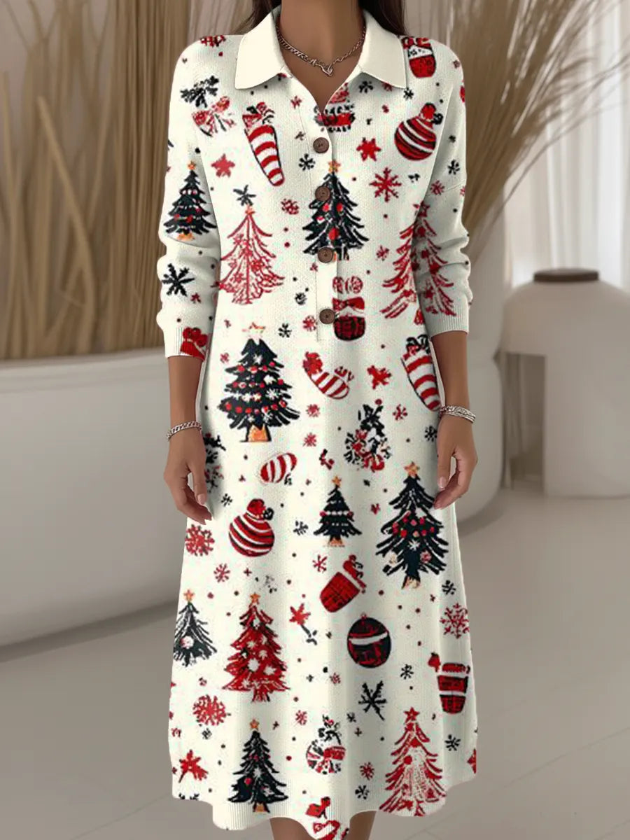 Women's Christmas Tree Pattern Art Print Casual Knitted Dress