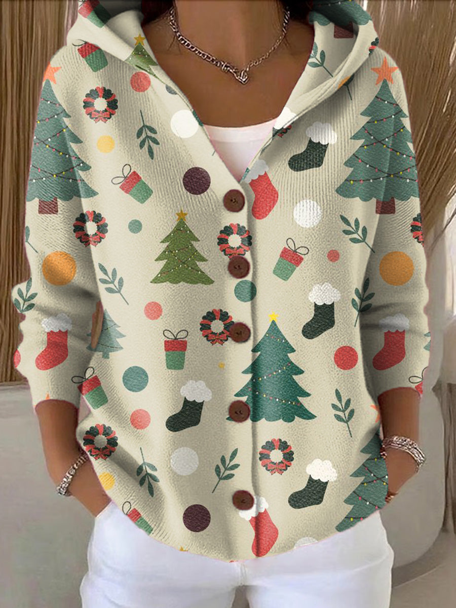 Women's Beautiful Winter Merry Christmas Gift Painting Art Print Casual Hooded Button Sweater