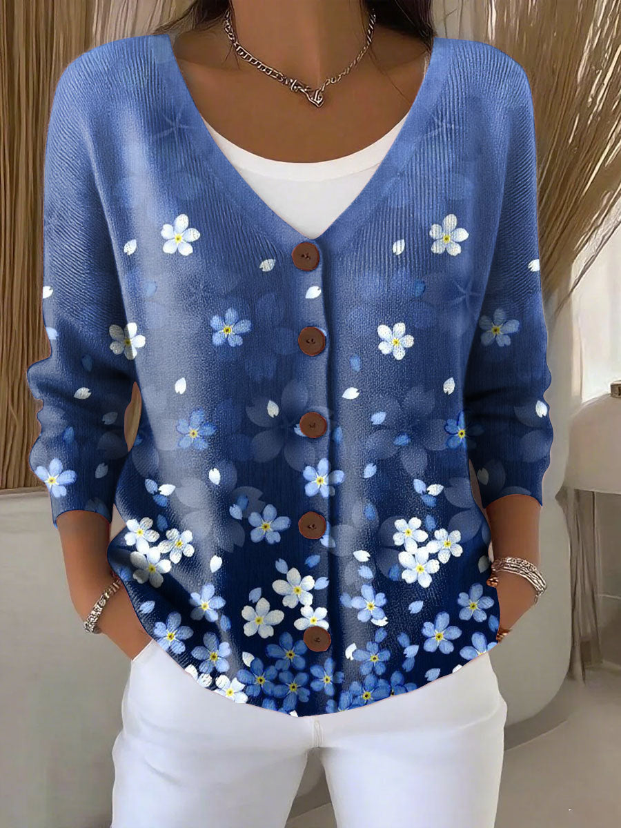 Gradient Flower Color Print Buttoned V-neck Cardigan Sweater