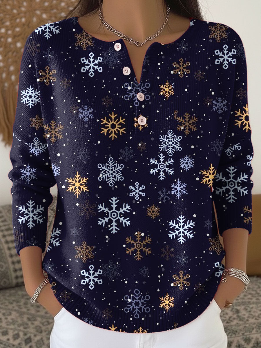 Vintage Christmas Snowflake Art Print Buttoned Cardigan Sweater