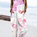 Women's Vintage Flower Art Print Casual 100% Cotton Wide Leg Jumpsuit