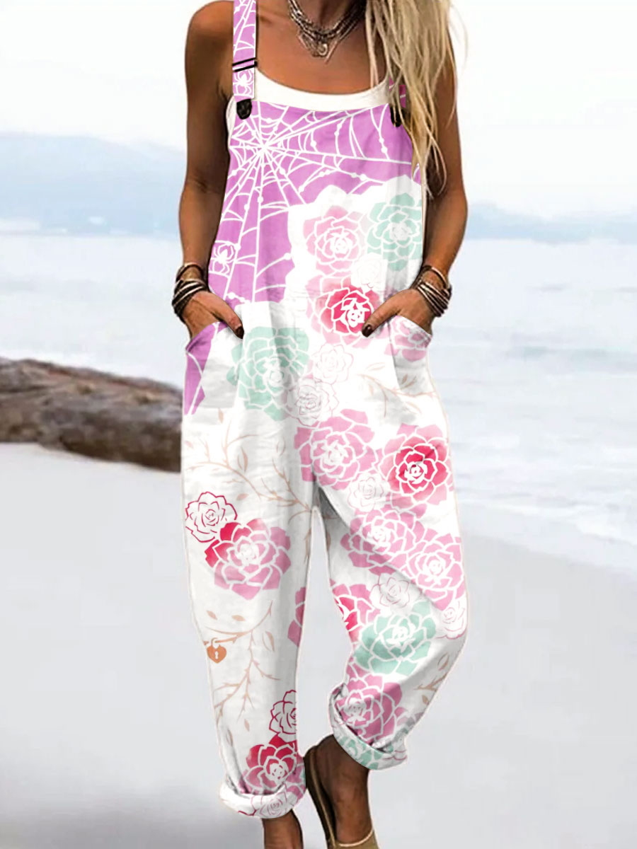 Women's Vintage Flower Art Print Casual 100% Cotton Wide Leg Jumpsuit