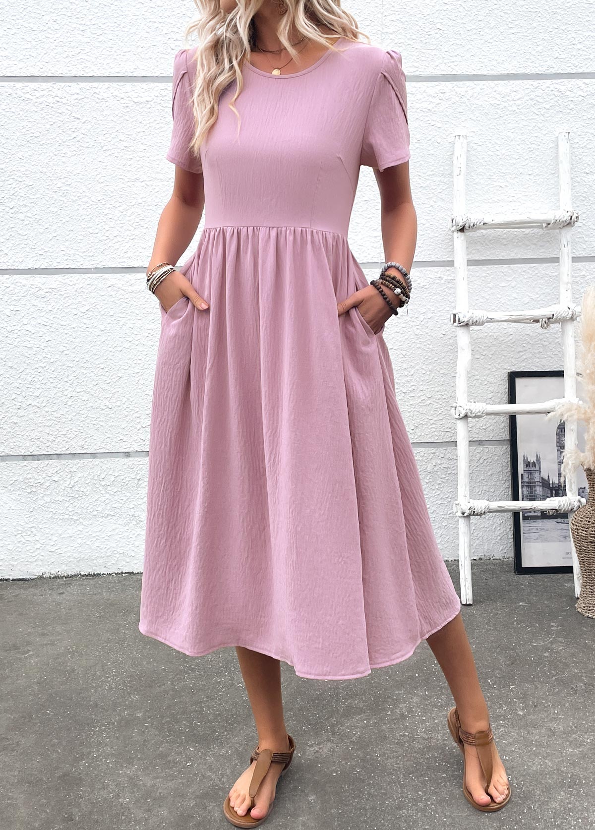 Dusty Purple Zipper Short Sleeve Round Neck Dress