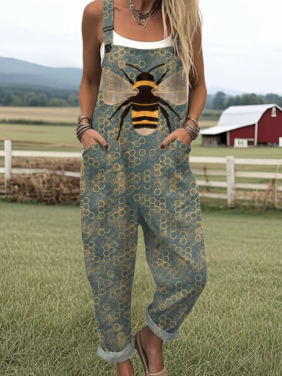 Women's  Funny Bee Art Print Casual 100% Cotton Wide Leg Jumpsuit