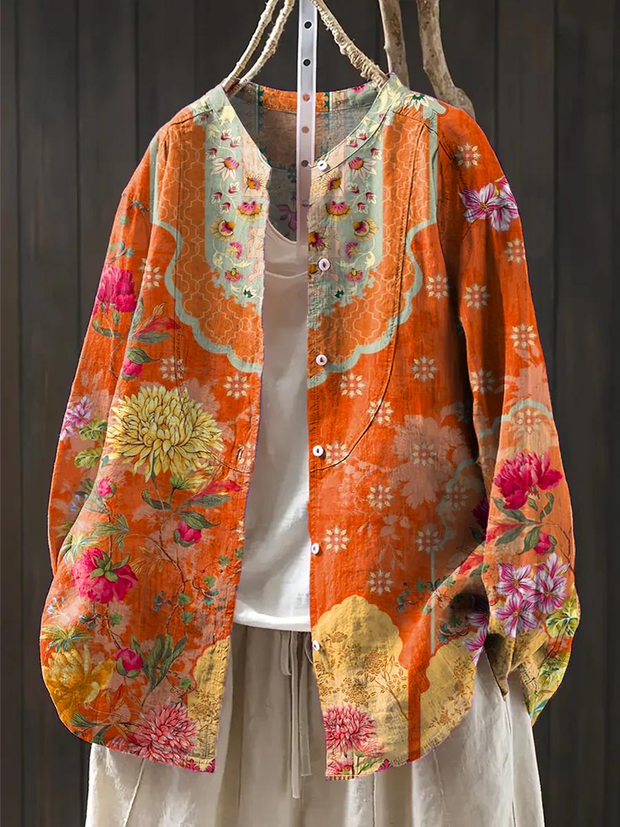 Women's Vintage Floral Art Print Casual Cotton And Linen Shirt