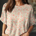 womens vintage floral art print casual crew neck short sleeve knitted sweater