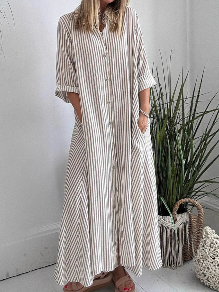 Striped Lapel Button-Down Maxi Dress