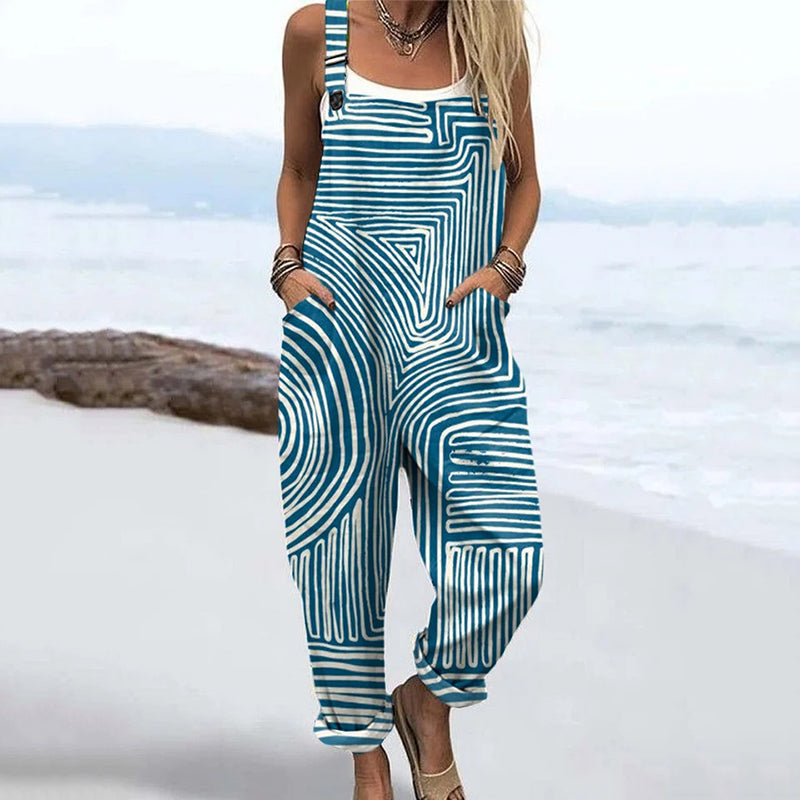 Women's Vintage Abstract Geometric Art Print Casual 100% Cotton Wide Leg Jumpsuit