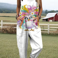 Women's Lovely Chicken Pattern Art Print Casual 100% Cotton Wide Leg Jumpsuit
