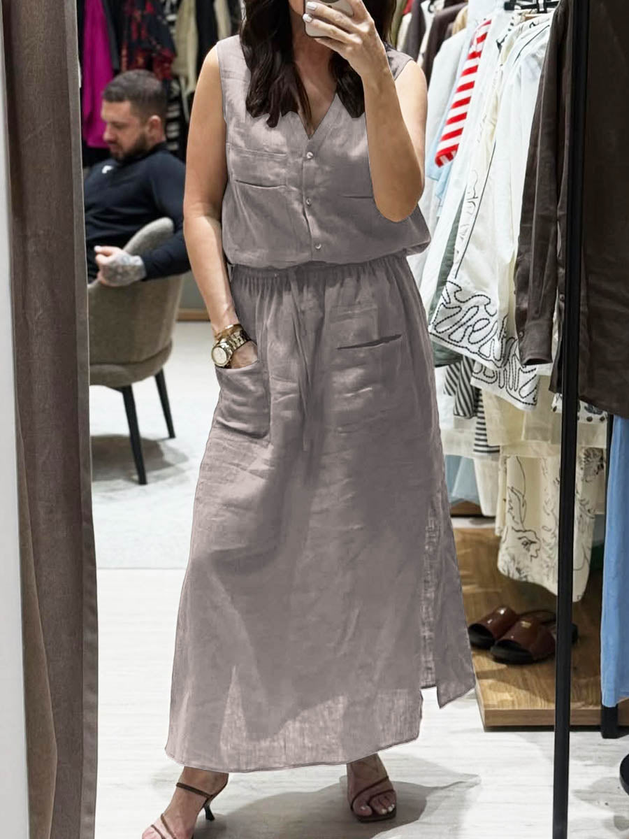 Women's Solid Color V-Neck Sleeveless Tops Elastic Waist Tie Casual Pocket Linen Skirt Set