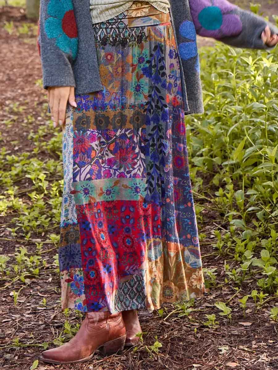 Women's Retro Collage Print Elastic Waist Casual Cotton and Linen Skirt Strapless Dress Two-Way Dress