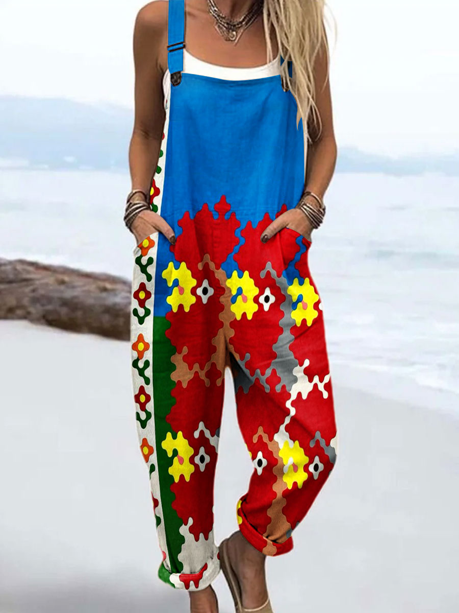 Women's Vintage Abstract Flower Chicken Art Print Casual 100% Cotton Wide Leg Jumpsuit