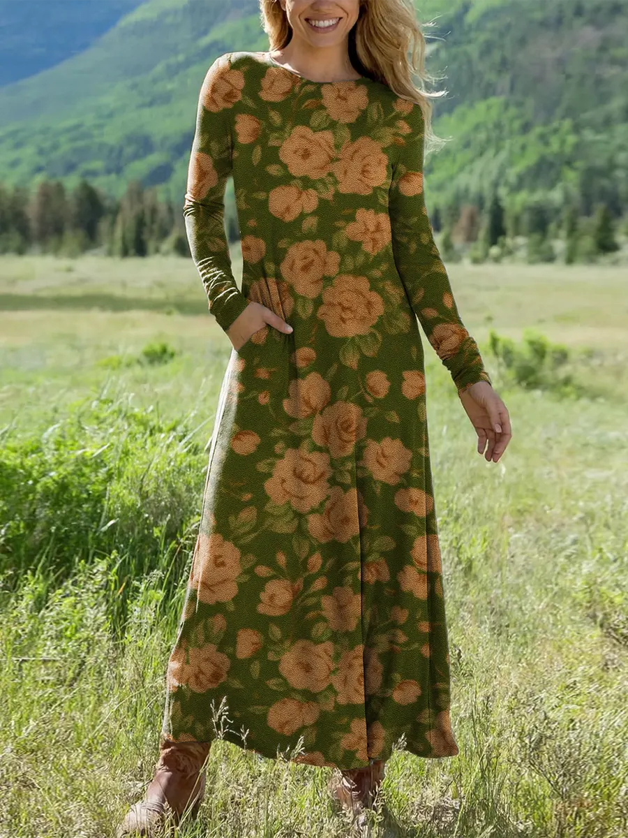 Women's Vintage Floral Art Print Casual Cotton Dress