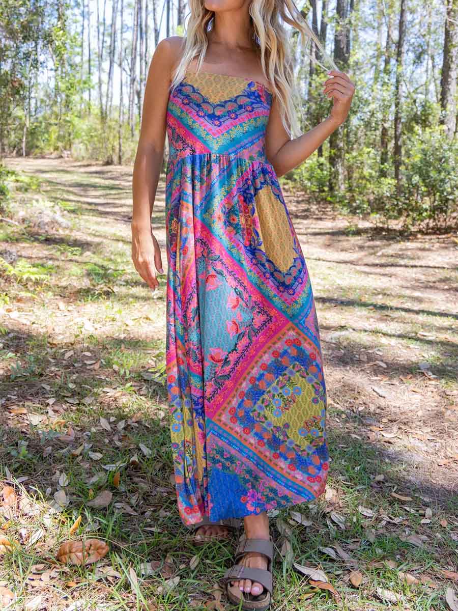 Women's Geometric Retro Print Elastic Waist Casual Cotton and Linen Skirt Strapless Dress Two-Way Dress