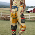 Women's Vintage Cats Pattern Art Print Casual 100% Cotton Wide Leg Jumpsuit