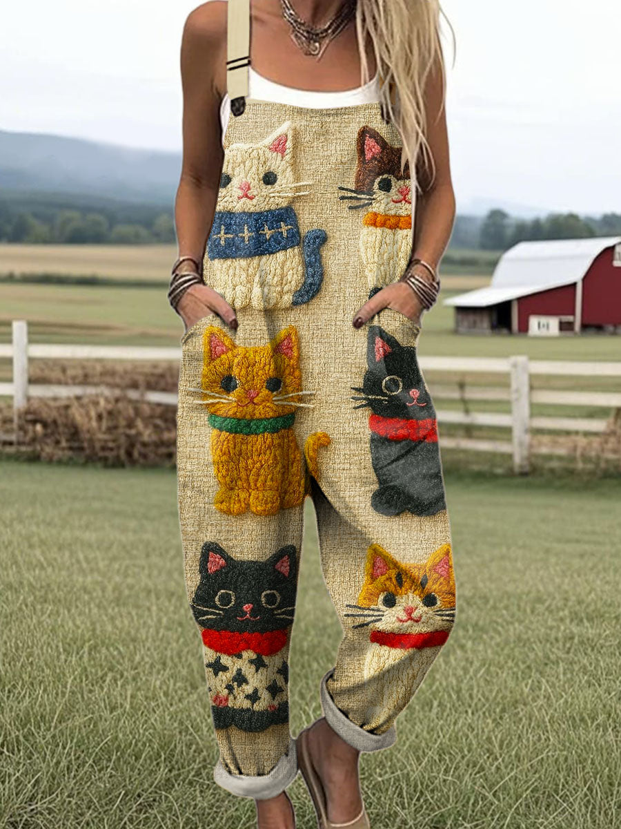 Women's Vintage Cats Pattern Art Print Casual 100% Cotton Wide Leg Jumpsuit