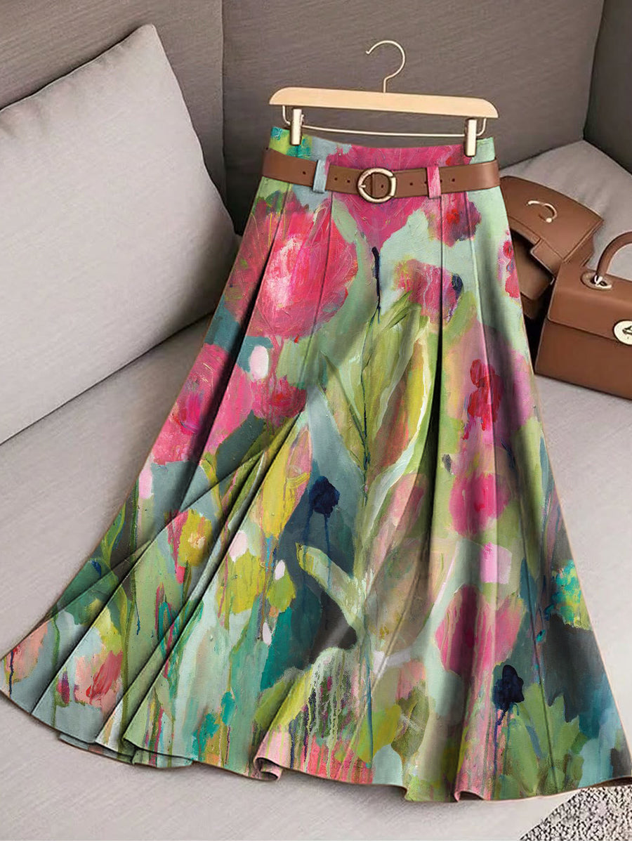 Women's Beautiful Colorful Abstract Large Flower Painting Art Print Cotton Skirt