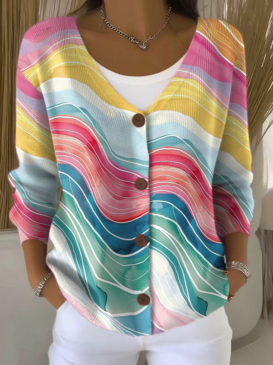 rainbow-colored-waves-print-buttoned-v-neck-cardigan-sweater