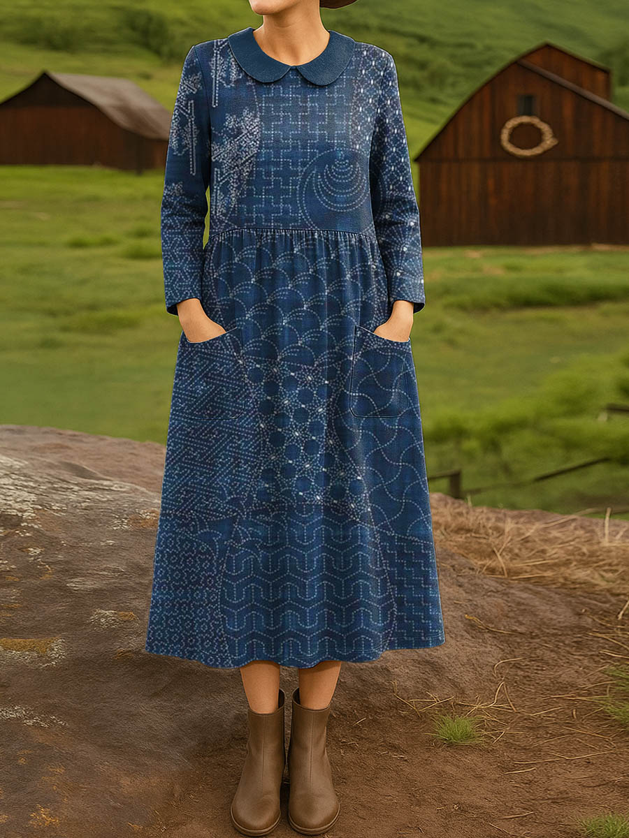 Women's Vintage Pattern Art Print Cotton Lapel Shirt Dress