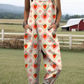 Women's Lovely Strawberry Art Print Casual 100% Cotton Wide Leg Jumpsuit