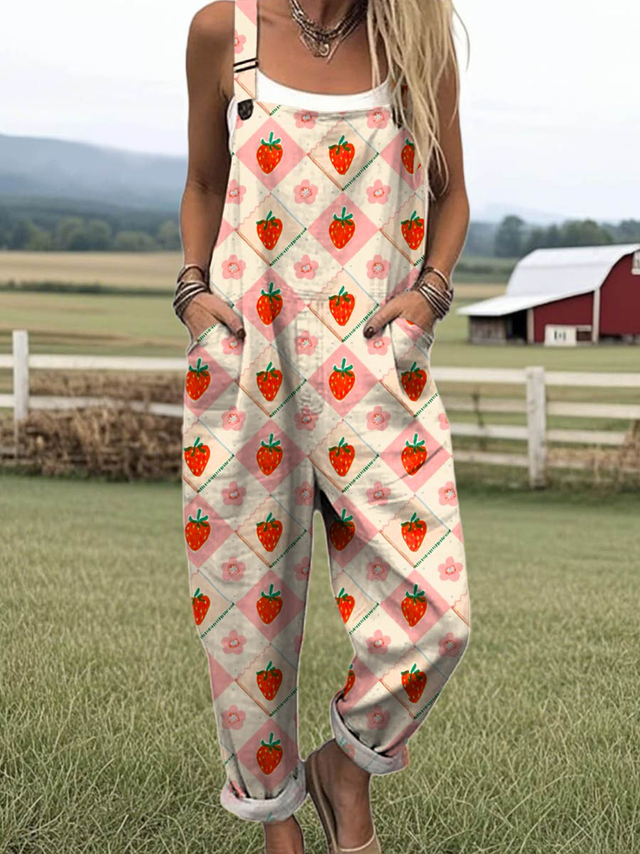 Women's Lovely Strawberry Art Print Casual 100% Cotton Wide Leg Jumpsuit