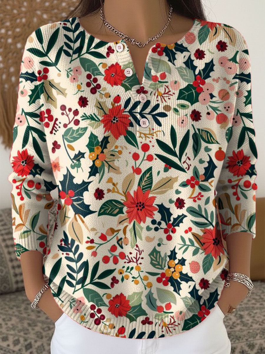 Women's Christmas Floral Pattern Art Print Buttoned Cardigan Sweater