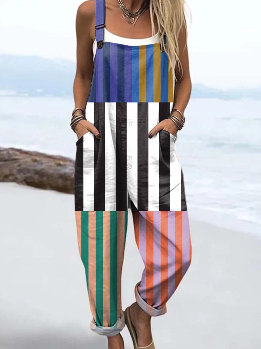 Women's Artistic Creative Lines Print Casual 100% Cotton Wide Leg Jumpsuit