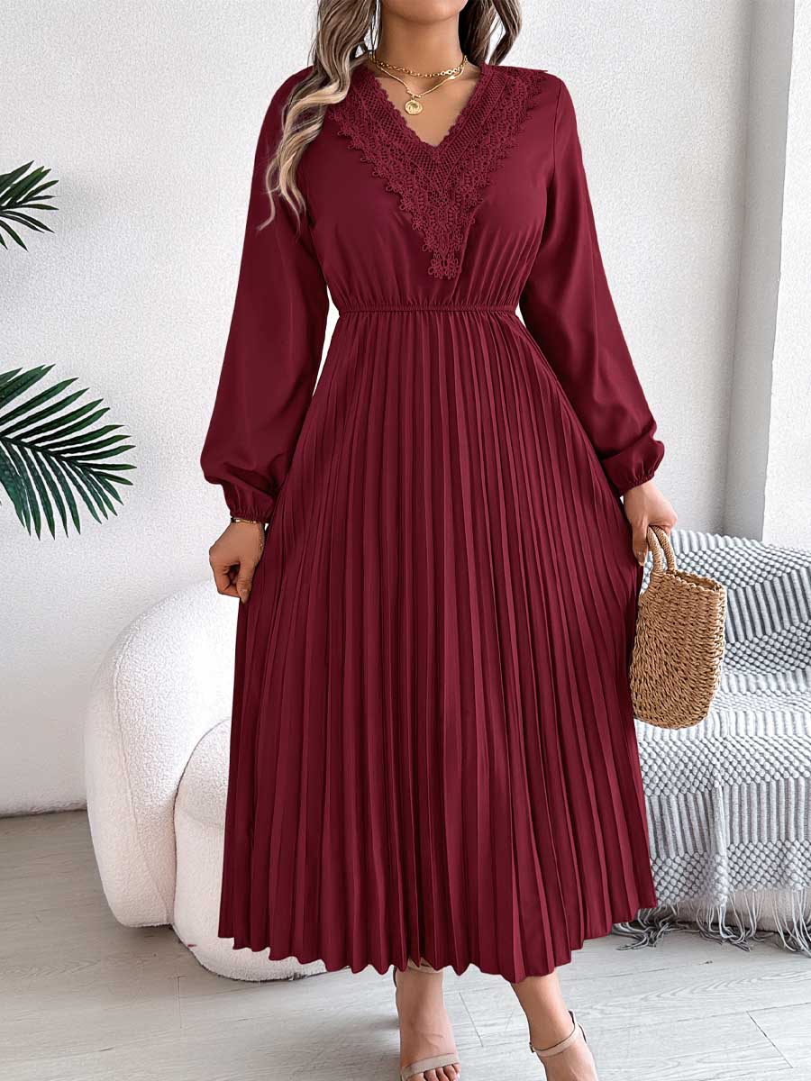 Women's Solid Color Loose Casual V-neck Lace Long Dress