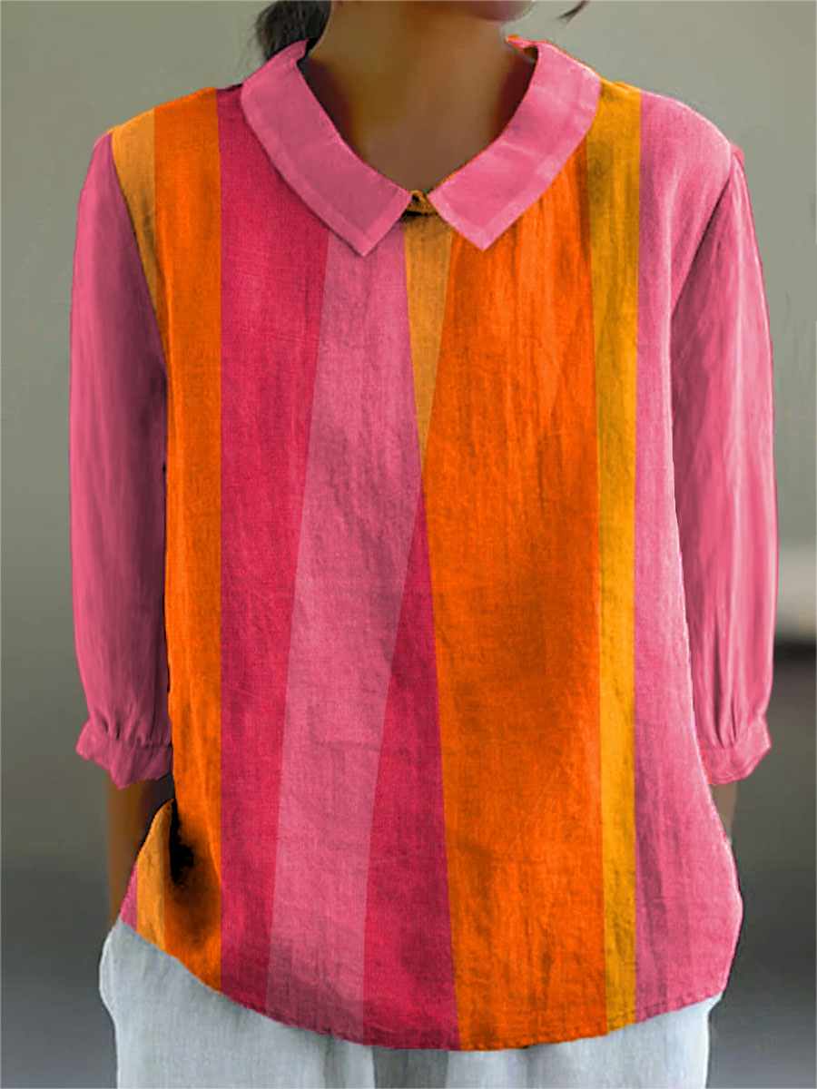 Women's Geometry Colors Abstract Art Print Casual Cotton And Linen 3/4 Sleeve Shirt