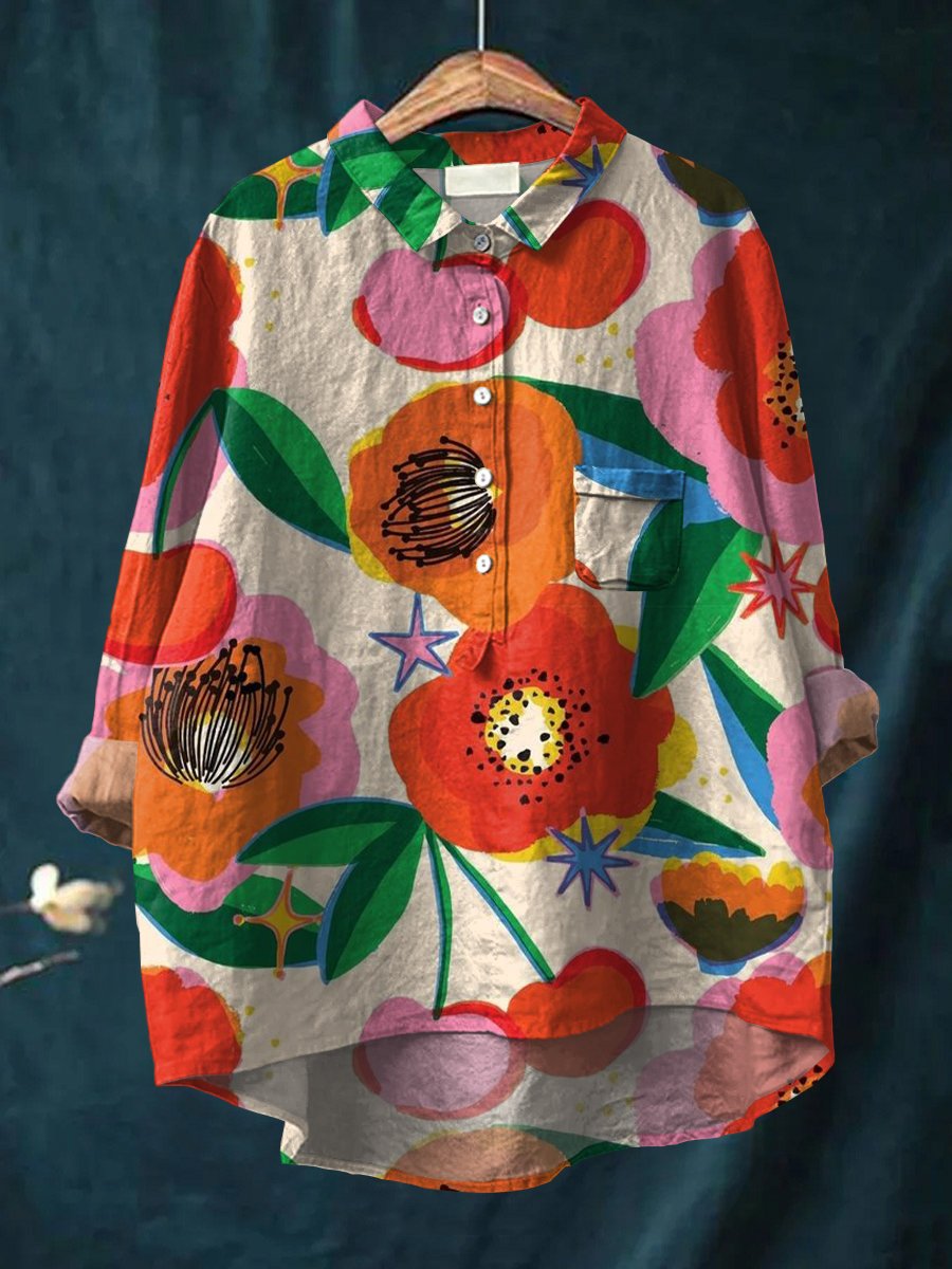 Women's Flowers Print Casual Cotton And Linen Shirt