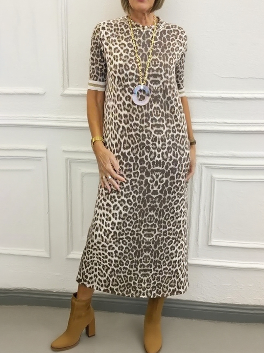 Animal Pattern Round Neck Midi Dress