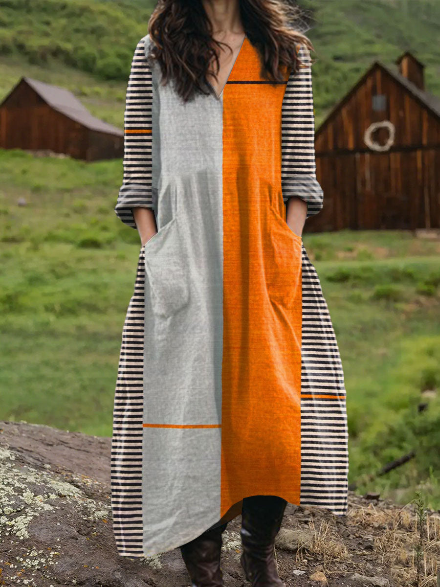 Women's Vintage Abstract Geometric Art Print Pocket V-neck Cotton Dress