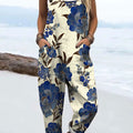 Women's Vintage Flower Art Print Casual 100% Cotton Wide Leg Jumpsuit