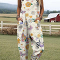 Women's Artistic Creative Flowers Butterflies Spiders Print Casual 100% Cotton Wide Leg Jumpsuit