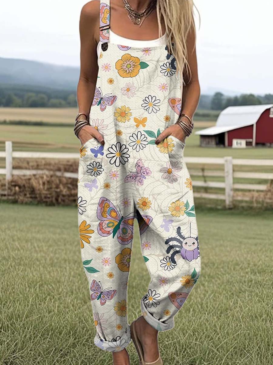 Women's Artistic Creative Flowers Butterflies Spiders Print Casual 100% Cotton Wide Leg Jumpsuit