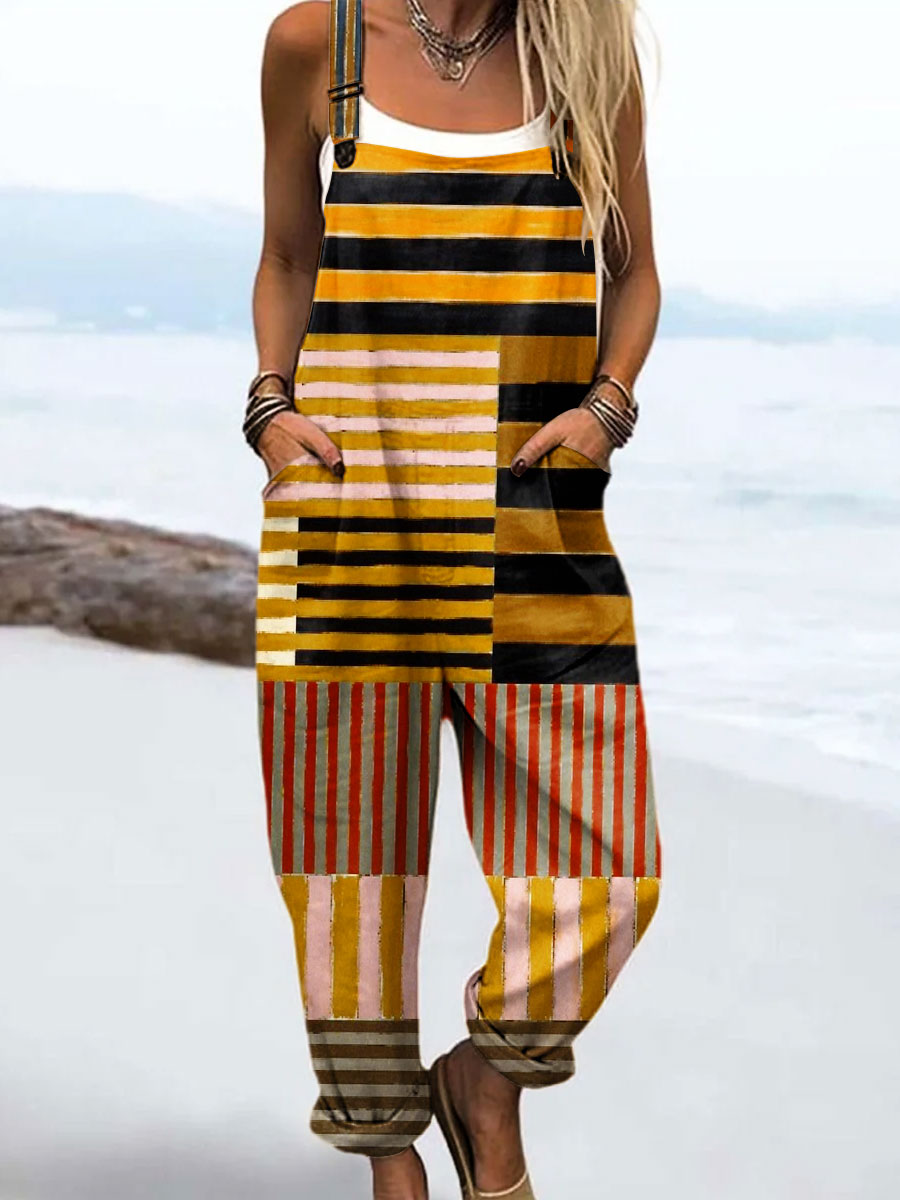 Women's Vintage Abstract Geometric Line Art Print Casual 100% Cotton Wide Leg Jumpsuit