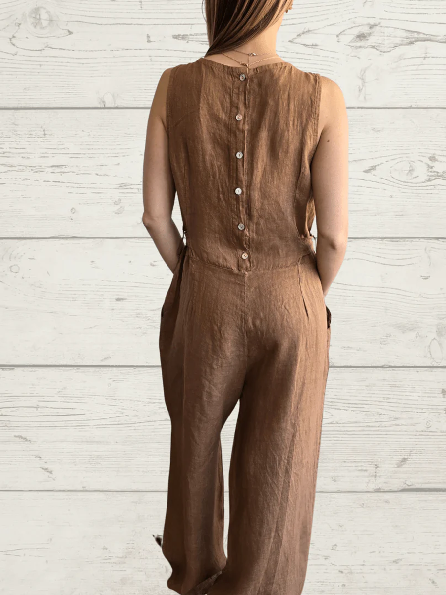 Casual Back Button Tie Linen Solid Color Jumpsuit