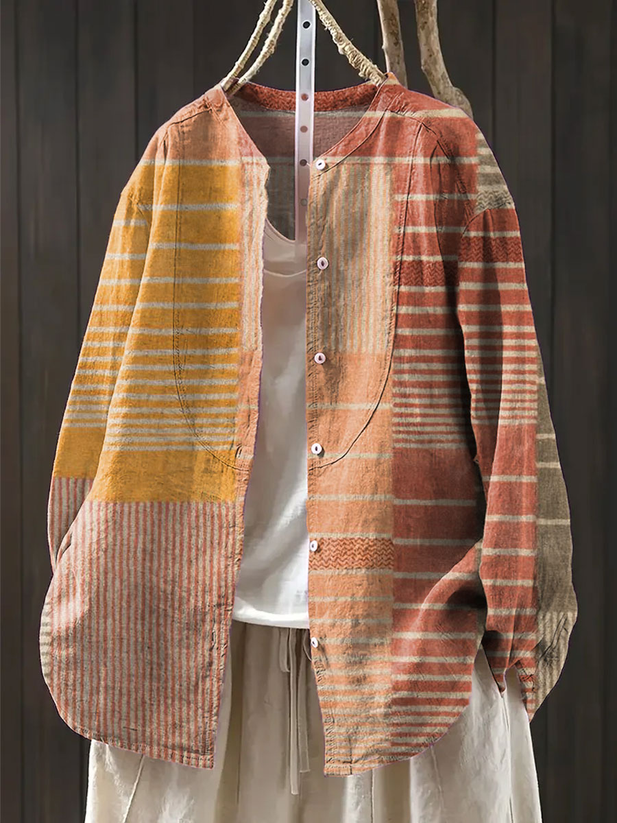 Women's Vintage  Abstract Geometry Art Print Casual Cotton And Linen Shirt